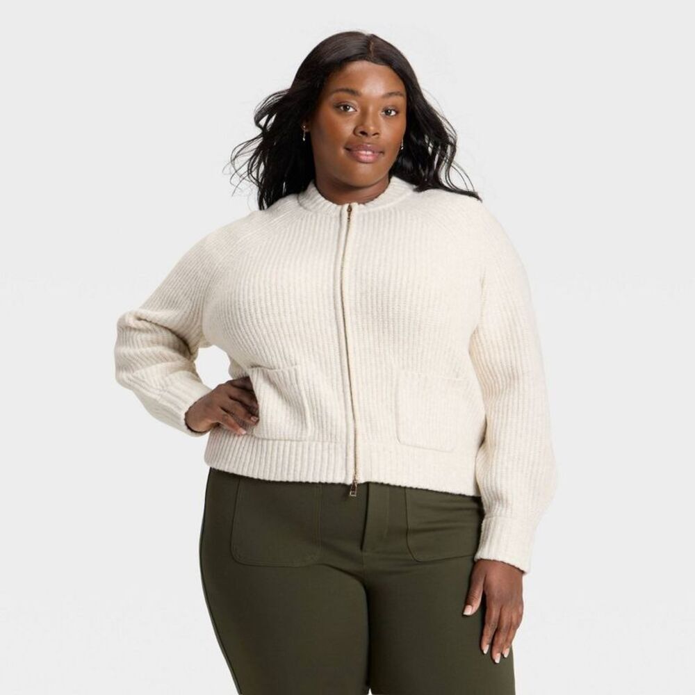 Women's Double Zip Cardigan Sweater - Ava & Viv Oatmeal 1X
